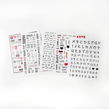 3D Schwarz -Weiß -Buchstaben Mode koreanische UV -Gel -Nagelaufkleber Set Set