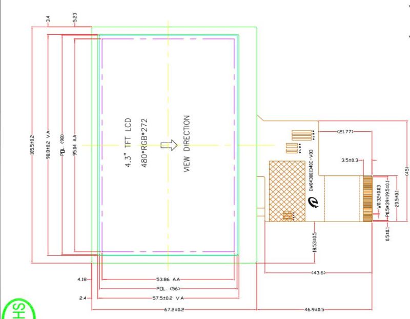 4.3-Inch 480 RGB X 272 Dots TFT LCD Module with Controller Hx8257A01-C (VTT-430WQ03)