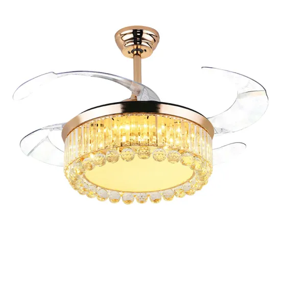 Gold Decor Living Room Ceiling Fan with Crystal LED Lights, 3-5 Retractable Blades and Remote Control - Modern Design