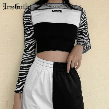 InsGoth Streetwear Chic Animal Print Black Tops Punk O Neck Patchwork Long Sleeve Crop Tops Women Autumn Casual Slim T Shirts