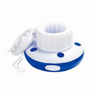 Inflatable pool cooler with cover and cup holder around