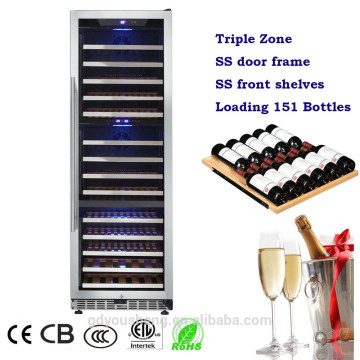 Newest quality triple zone fan cooling wine cooler USF-168T SS door and SS front beech shelves loading with 152 bottles
