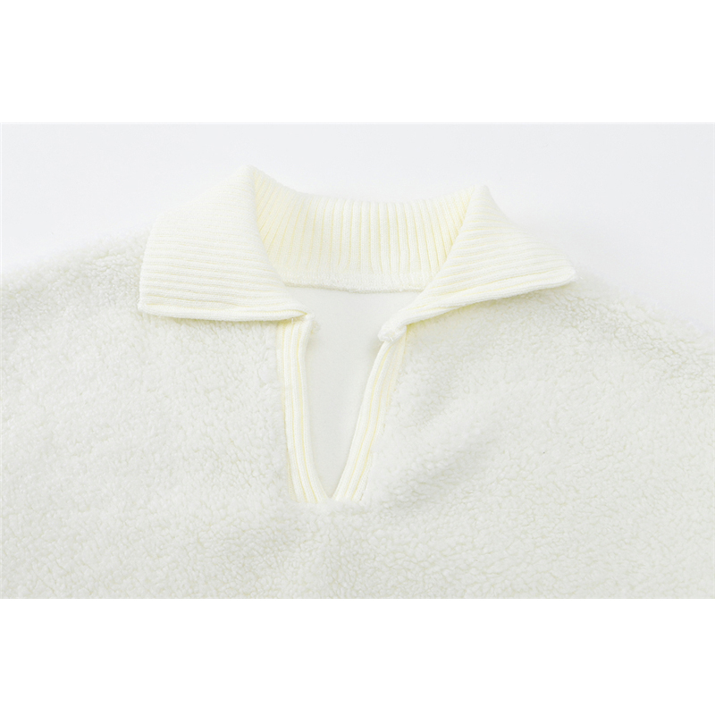 White Faux Fur Sheepskin Sweatshirt Women 2020 Winter Korean V-neck Long Sleeve Female Vintage Oversize Warm Pocket Hoodie Tops