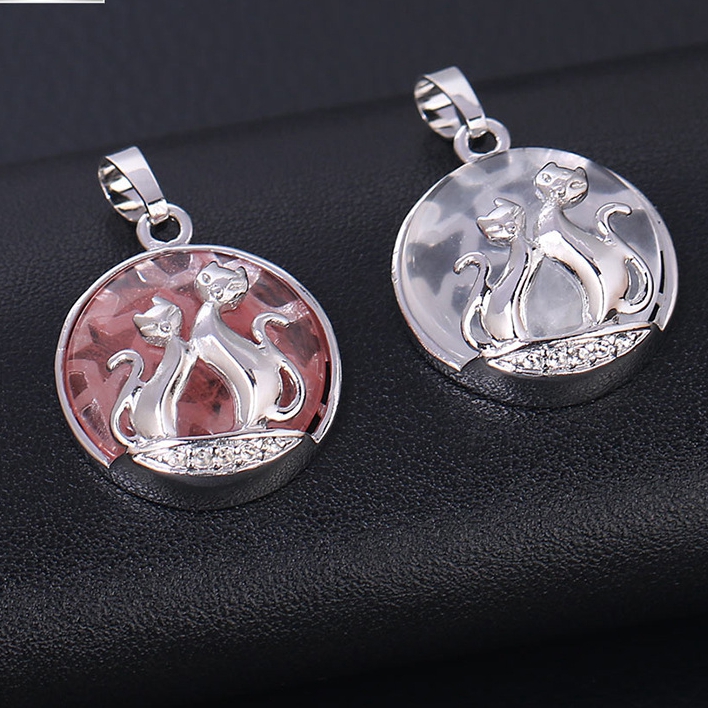 Chakra pierres précieuses rondes naturelles pendentif en cristal de guérison couples bijoux de chat en argent pour les filles des femmes