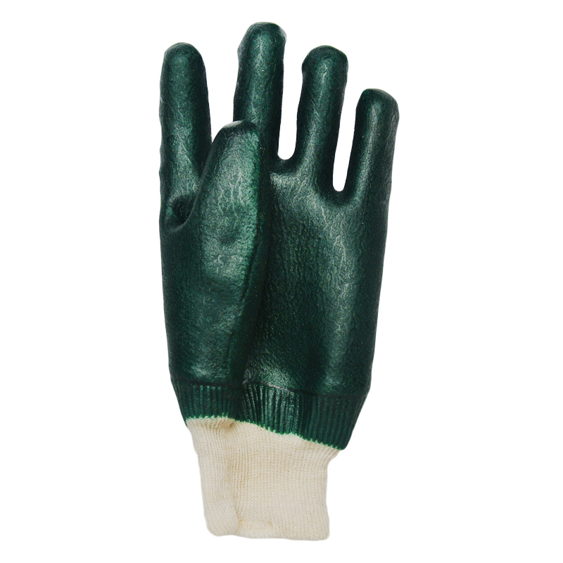 Guantes recubiertos de PVC verde Muñeca de punto de acabado arenoso