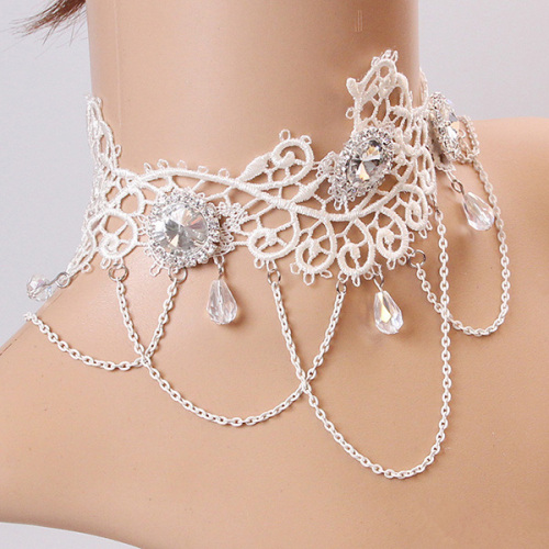 White lace Necklet Crystal tassel bride necklace