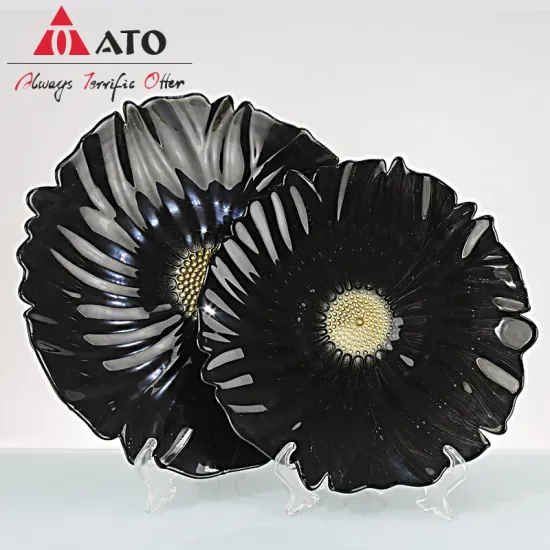 Black flower shaped decorative glass plate