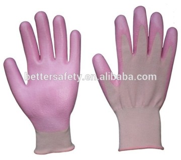 13 Guage pink Polyester Coated pink PU palm Wholesale Work Gloves Anti-Static