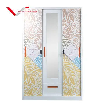 3-Door Metal Wardrobe: Steel Closet with Drawer and Printed Design for Clothes Storage