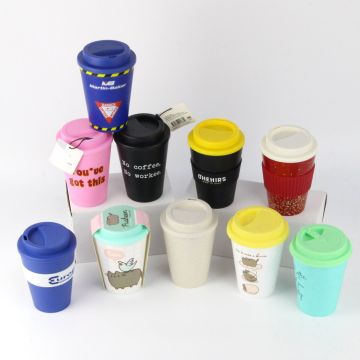 Custom 12oz/350ml Reusable Coffee Mug with PP Silicone Lid and Bamboo Fiber