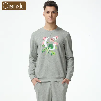 Qianxiu Brand Hoodie Printed Cotton Men Nightgown