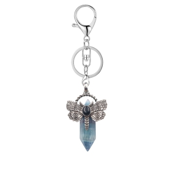 Fluorite Hexagonal Pillar Silver Dragonfly Pendant Keychain Lobster clasp