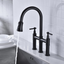 Faucet keran dapur tiga lubang perunggu dengan semprotan tarik keluar