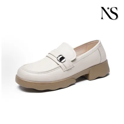 Cream Leather Buckle Chunky Sole Women`s Loafers