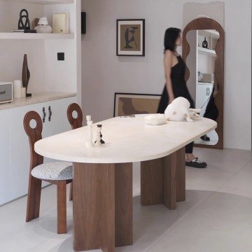 Modern Natural Stone Table with Solid Wood Legs - Dreamhouse High Quality Dining Furniture