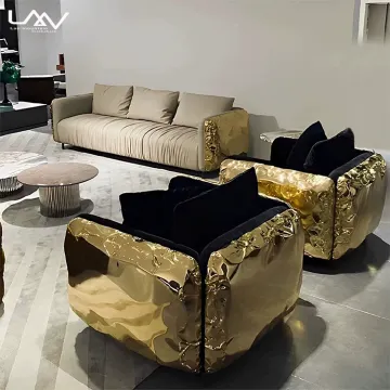 Boca Design Premium Modern Leather Sectional Sofa with Gold Frame