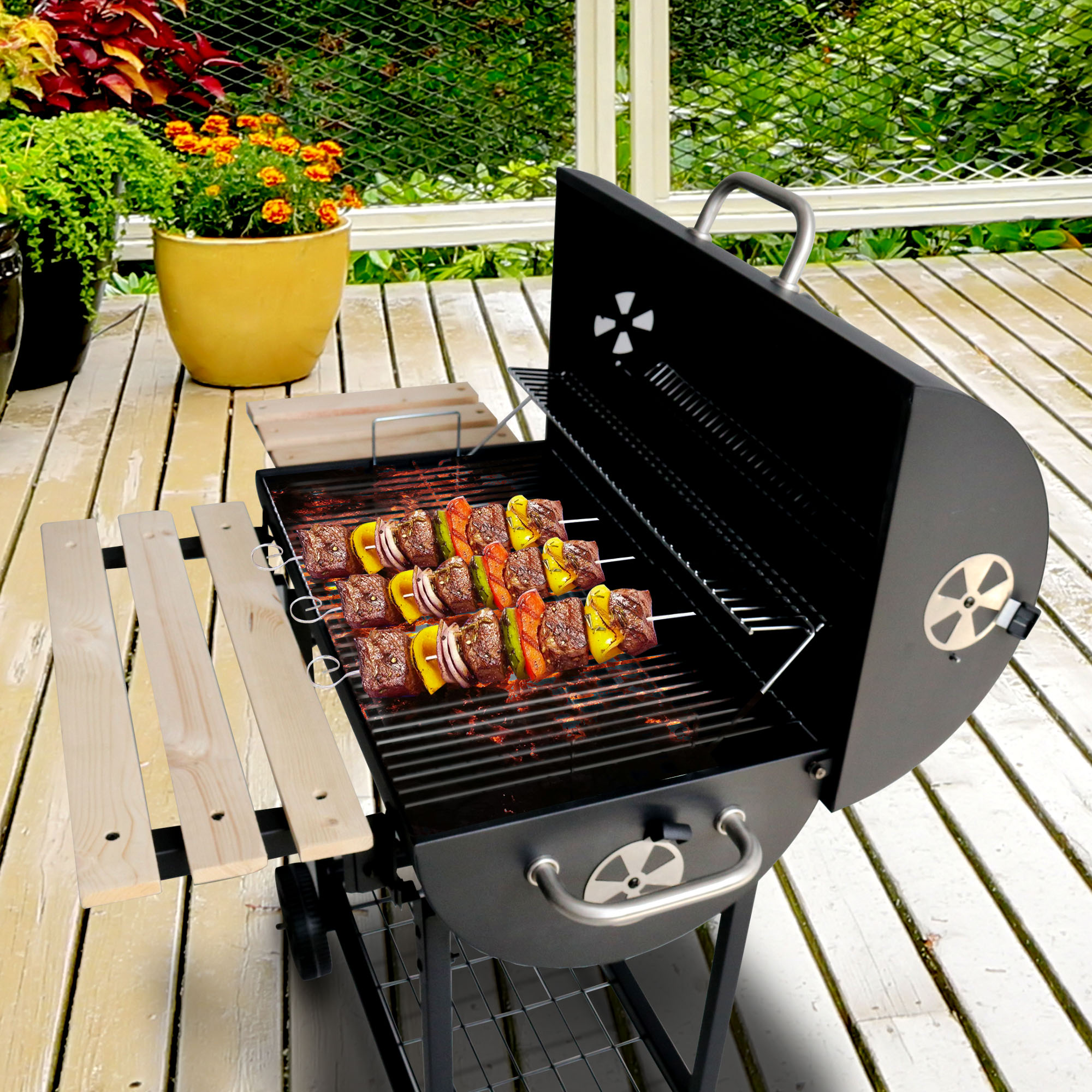 Outdoor Garden Trolley Billey Meat Barrel Bęben Bęben węgiel BBQ Smoker Grill z bocznym stołem