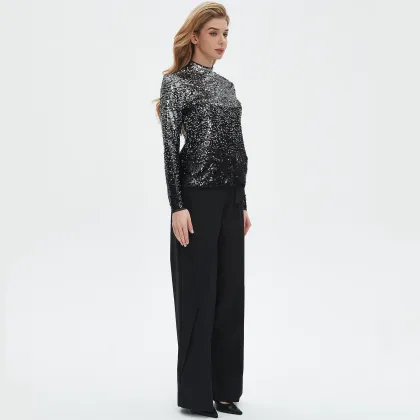 Sequined stand up collar long sleeved top