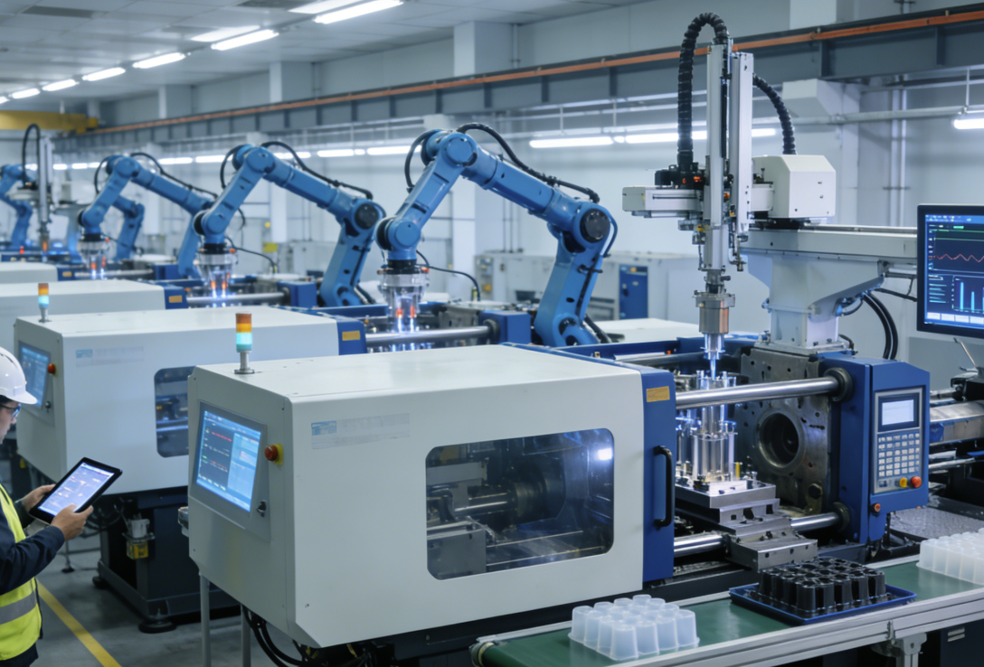 automated injection molding production line in modern factory
