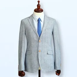 Men's Plus Size Casual Slim Fit Linen Blazer Coat Business Suit Button Fly Sky Blue Fabric