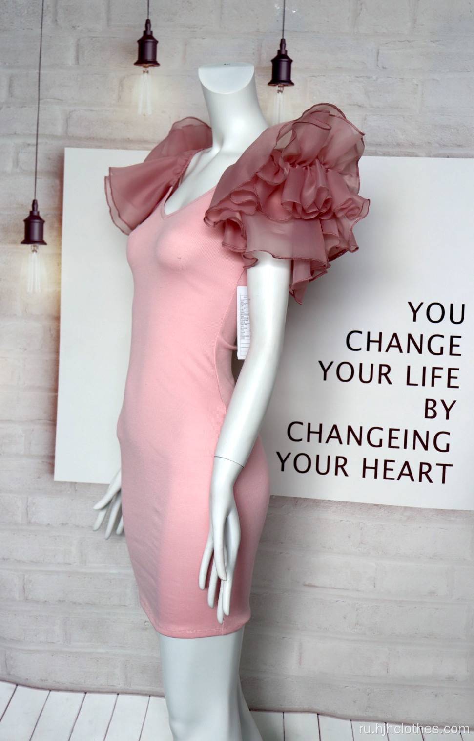 Женское розовое платье с V-образным вырезом и рукавами из органзы