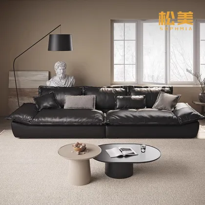 Black Oversized Leather L-Shaped Sofa