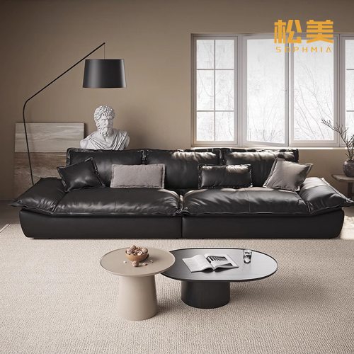 Черный большой кожаный диван L-образной формы