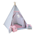 Grau-pink Tipi-Kaninchen mit Kissen und Korb