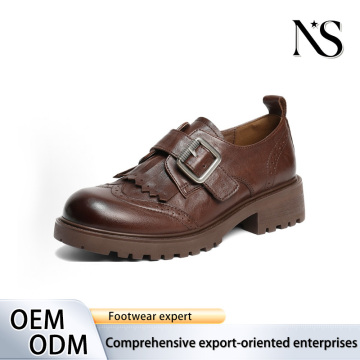 Loafers Tali Monk Kiltie Brogue Kulit Coklat