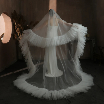 2T Tulle Wedding Veil with Ruffles and Comb - White Two Layer Bridal Accessory