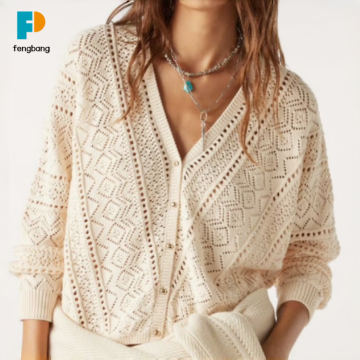 Bol Bohem Beyaz Dantel Açık Örgü Kazak