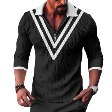 European and American Autumn Winter Zipper Striped Long Sleeved Polo Shirts