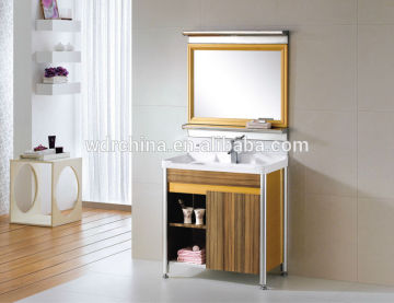 Mirror on wall home store and washing basin floor standing bathroom cabinet