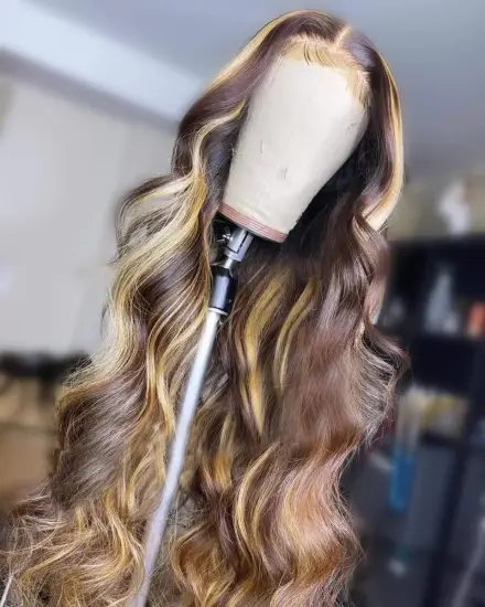 13X4 Highlight Wave 4-27 Color Front Lace Wig Real Human Hair Brazilian Lace Front Real Human Hair Wig, 150% Density