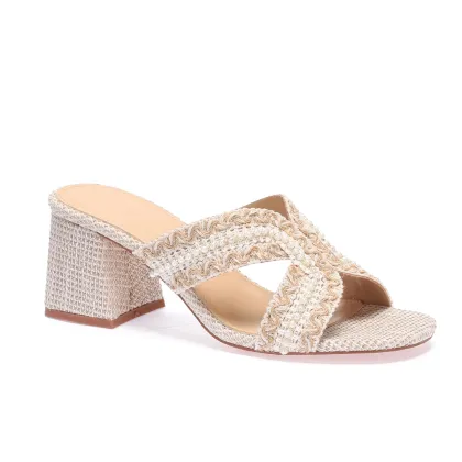 Women Chunky Raffia Heel Mules