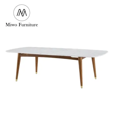 Modern Walnut Rectangle Dining Table for 6-8 Seats with Solid Wood and Natural Marble