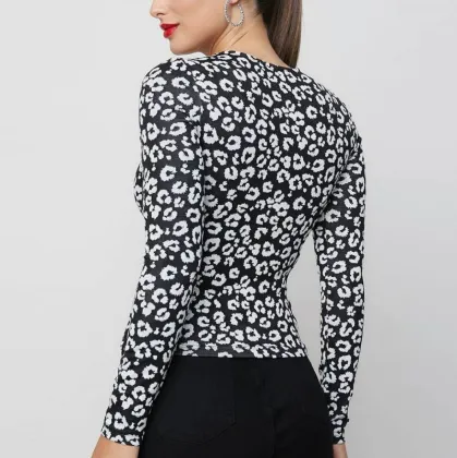 Womens Fashion Yarn Dye Jacquard Long Sleeve T-Shirts