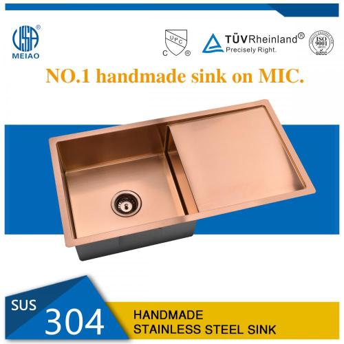 Rose Golden Handmade Kitchen Sink with Drainboard