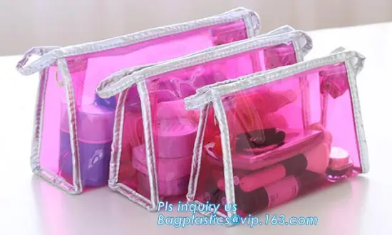 PVC Cosmetic bags Case 3 PCS Travel Organizer Makeup Bag Set, Cosmetic plastic slider pvc bag packaging with hook
