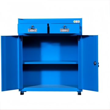 Gabinetto per lo stoccaggio degli strumenti a mezza altezza per un seminario di garage con scaffale e carrello