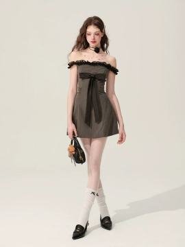 One-shoulder gray striped dress with a flared design for women's summer A-line short dress