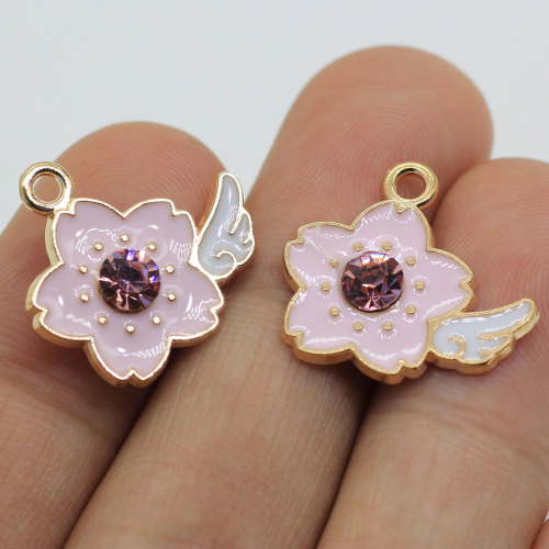 Artificial Rhinestone Pink Color Oil Drip Flower Wing Pendants Charms for DIY Art Craft Earring Jewelry Accessories