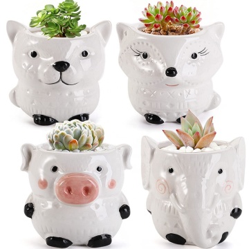 Cute Animal Shaped 4 Pack Ceramic Succulent Pots with Drainage