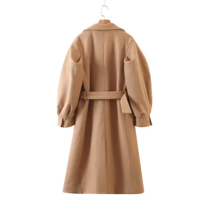 Woolen coat loose over the knee camel women coat temperament wool coat