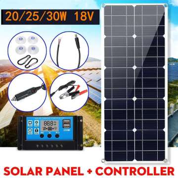 20W/25W/30W 18V Solar Panel Charger Solar Battery 10A Controller Monocrystalline Alligator Clip USB Car Outdoor Lead Acid Batter