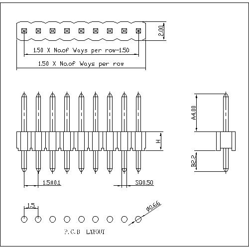 1,50 mm (0,059 &quot;) Pitch Single fila Single Dip 180 °/Cabezales de tira de alfiler macho rectas