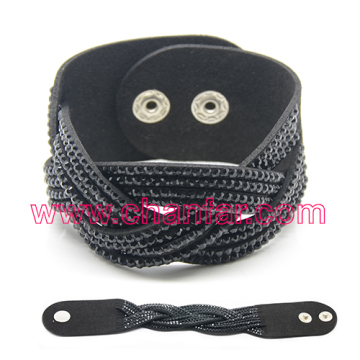 Top quality black resin drill bracelet bangles leather snap button bracelet jewelry