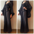 Women Sexy Feathers Collar Perspective Long Lingerie Robe