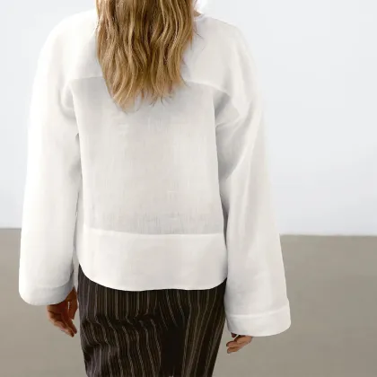 Women's breathable stand up collar linen shirt long sleeved top