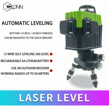 Misuratore di livelli laser a linee incrociate rotante a raggio verde 3D a 360 gradi a 12 linee
